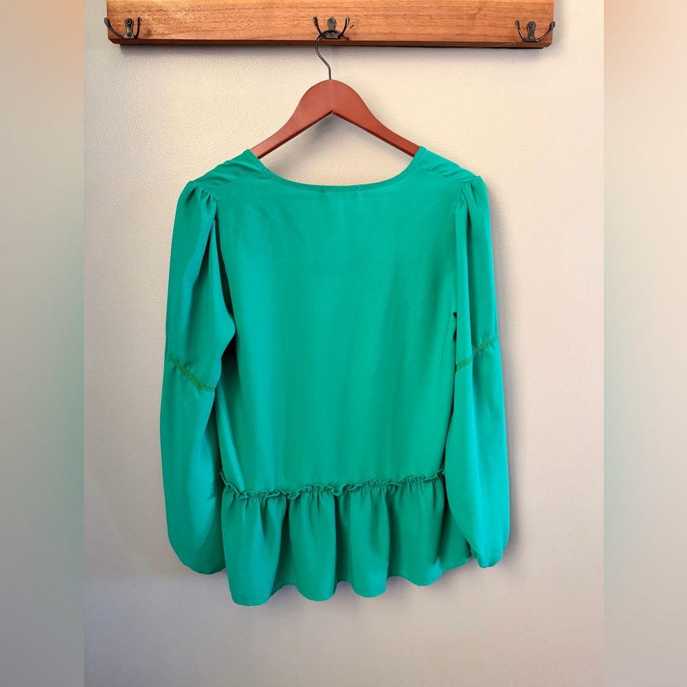 Pleione Small Green V-Neck Peplum Blouse Balloon Sleeve - Picture 2 of 8